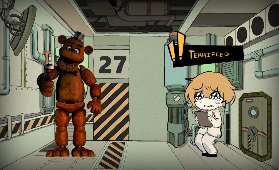 ! !! 1boy air_vent animal_ears bear_ears caution_tape chibi clipboard colored_skin crying crying_with_eyes_open door english_commentary english_text five_nights_at_freddy's freddy_fazbear full_body furrowed_brow game_screenshot_background gameplay_mechanics hair_between_eyes hat head_tilt holding holding_clipboard holding_microphone indoors industrial_pipe limbus_company lobotomy_corporation male_focus microphone mini_hat official_art_inset open_mouth orange_hair porthole project_moon robot scared short_hair sinclair_(limbus_company) solo sweat sweating_profusely tears top_hat trembling wavy_mouth white_skin zygyzy_031