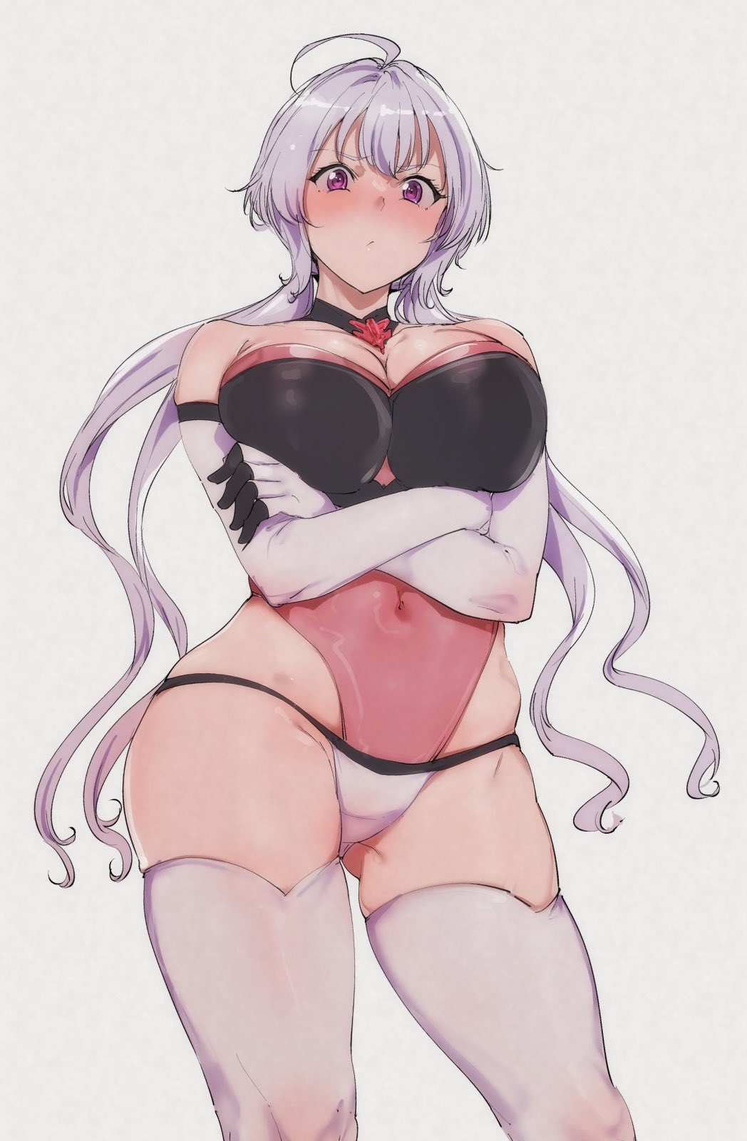 1girl ahoge alp black_gloves black_leotard blush breasts contrapposto covered_navel crossed_arms elbow_gloves gloves grey_background highleg highleg_leotard highres large_breasts leotard light_purple_hair long_hair looking_at_viewer low_twintails pink_leotard purple_eyes senki_zesshou_symphogear simple_background solo thighhighs twintails two-tone_gloves two-tone_leotard very_long_hair white_gloves white_thighhighs yukine_chris