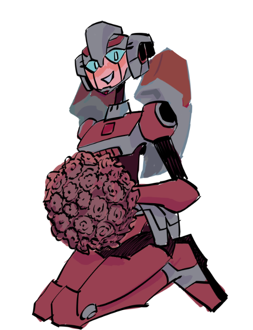 1girl arcee autobot blue_eyes breasts colored_skin curvy flower humanoid_robot itstom06331391 kneeling medium_breasts panties pink_panties robot science_fiction simple_background sketch smile solo transformers transformers_animated underwear white_background