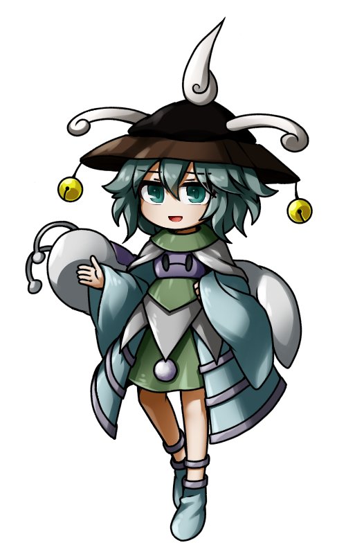 1other ajirogasa androgynous antennae bell blue_footwear blue_sleeves commentary dress full_body green_dress green_eyes green_hair hair_between_eyes hand_on_own_hip hand_up hat hat_bell kesa_kujiru len'en open_mouth other_focus short_hair simple_background slug smile solo symbol-only_commentary websci_3357 white_background wide_sleeves