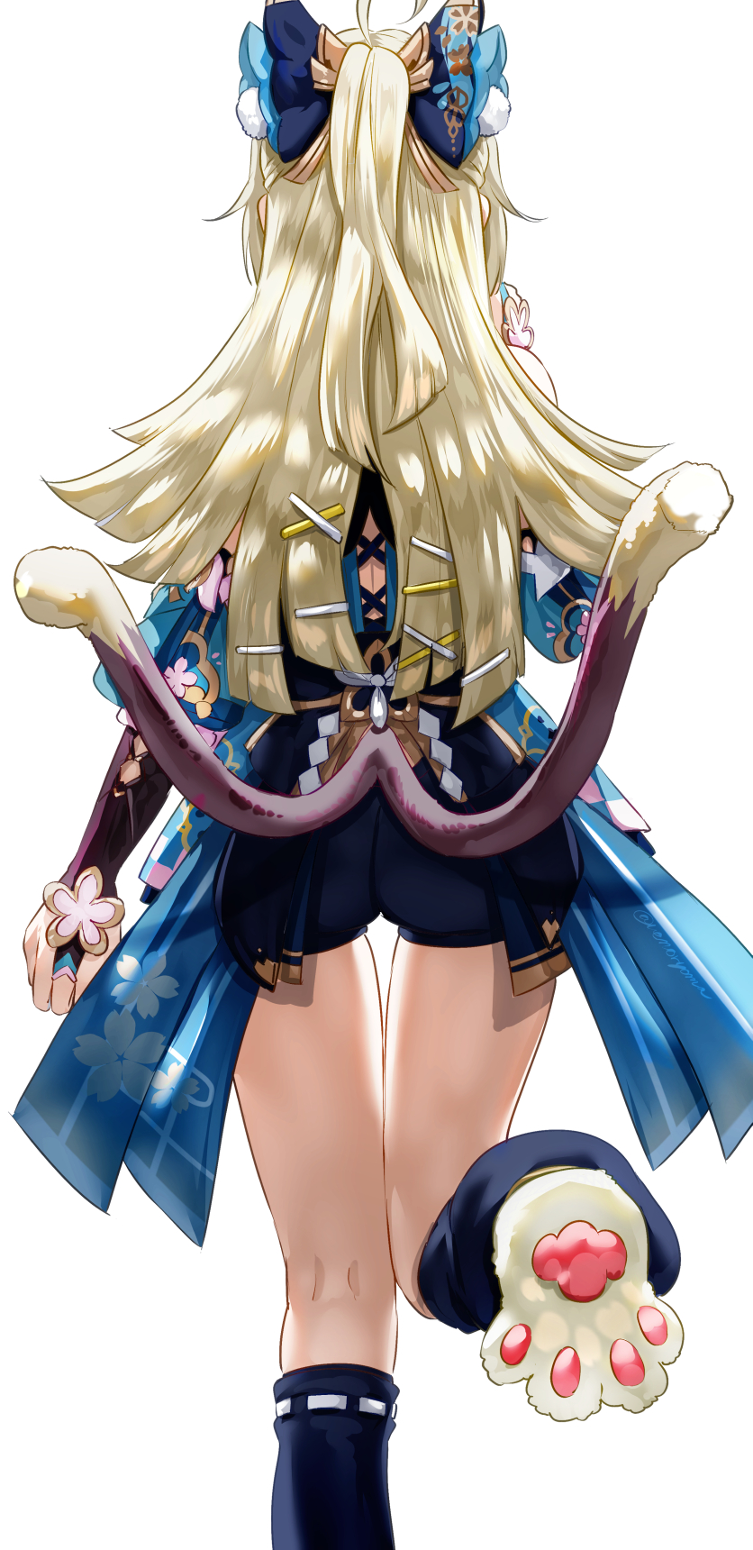 1girl ahoge animal_ear_fluff animal_ears ass black_shorts blonde_hair cat_ears cat_tail commentary foot_out_of_frame from_behind genshin_impact half_updo highres kirara_(genshin_impact) leg_warmers long_hair long_sleeves multiple_tails short_shorts shorts solo standing standing_on_one_leg tail thigh_gap thighs two_tails uenoryoma very_long_hair