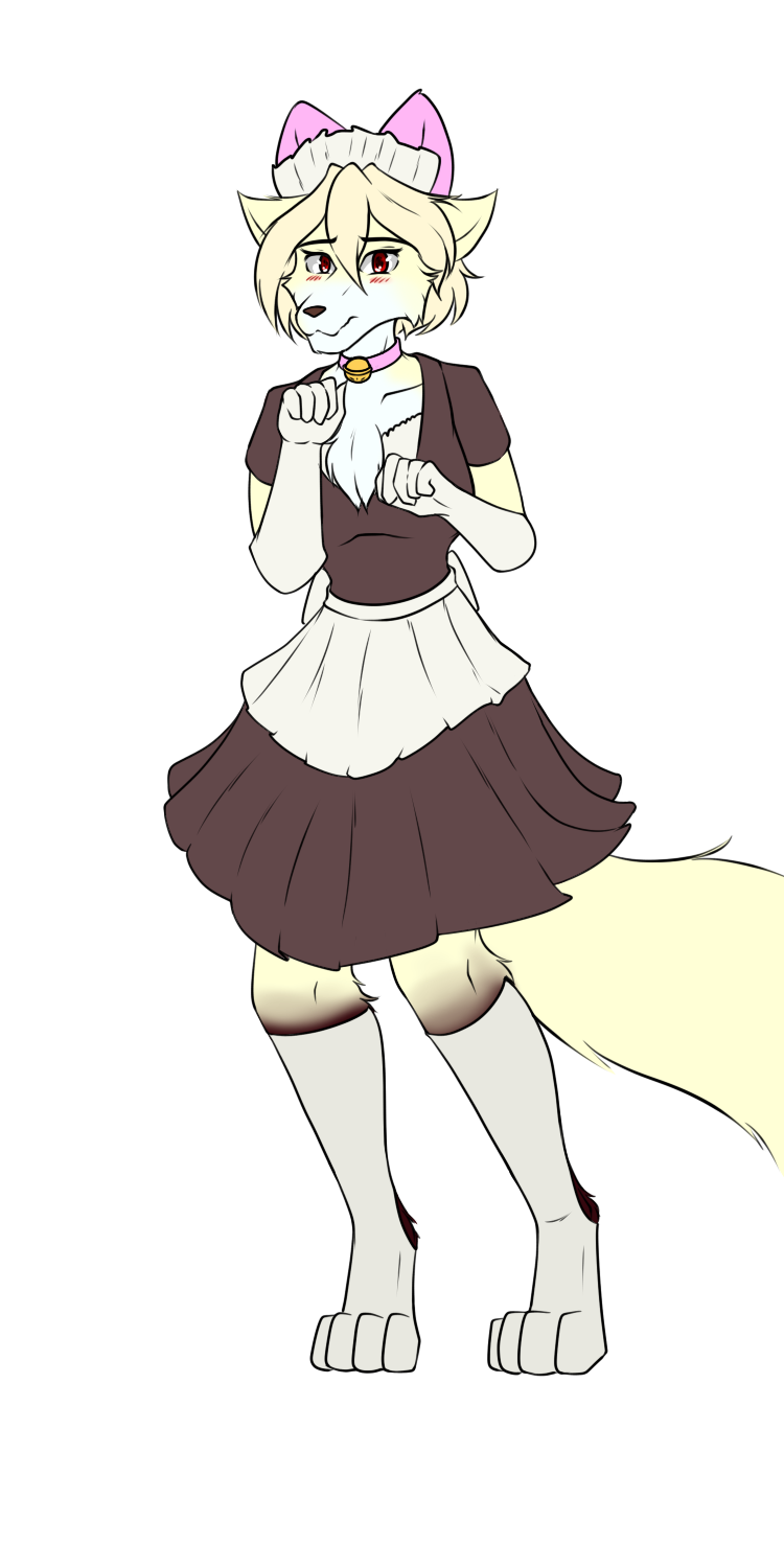 anthro canid canine canis clothing clovis_(twokinds) collar female footwear fur hi_res hybrid leg_markings maid_uniform mammal markings red_eyes socks socks_(marking) solo tan_body tan_fur uniform white_body white_fur wolf wolfie-pawz