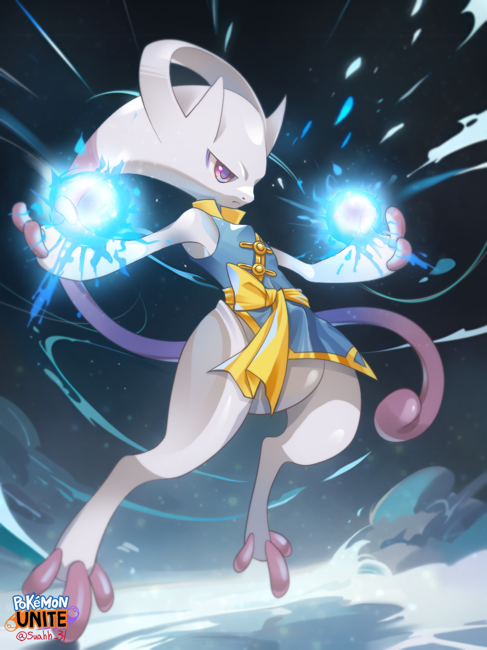 bare_arms closed_mouth clothed_pokemon commentary_request energy_ball frown highres legs_apart mega_mewtwo_y mega_pokemon mewtwo night outdoors pokemon pokemon_(creature) pokemon_(game) pokemon_unite purple_eyes sky sleeveless smoke solo suahh tunic