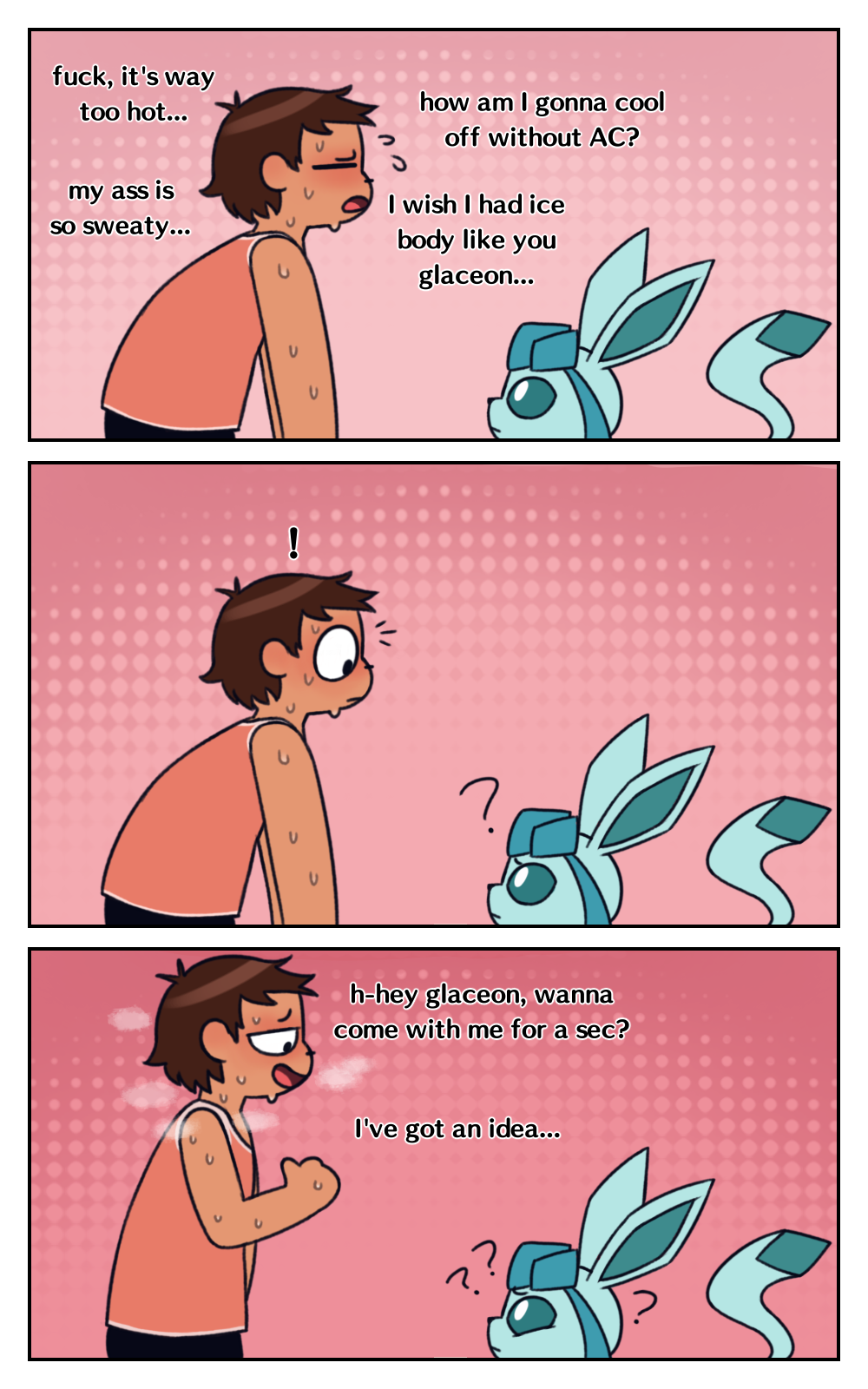 ambiguous_gender big_ears black_clothing black_legwear bodily_fluids brown_hair clothing comic dialogue digital_media_(artwork) duo eeveelution english_text eyes_closed feral generation_4_pokemon glaceon hair hi_res human legwear looking_at_another male male/ambiguous mammal mouth_closed nintendo open_mouth orange_clothing orange_topwear pokemon pokemon_(species) profanity question_mark shirt simple_background slouching smile steam sweat sweating_profusely tail tan_body tan_skin tank_top text topwear zlut385