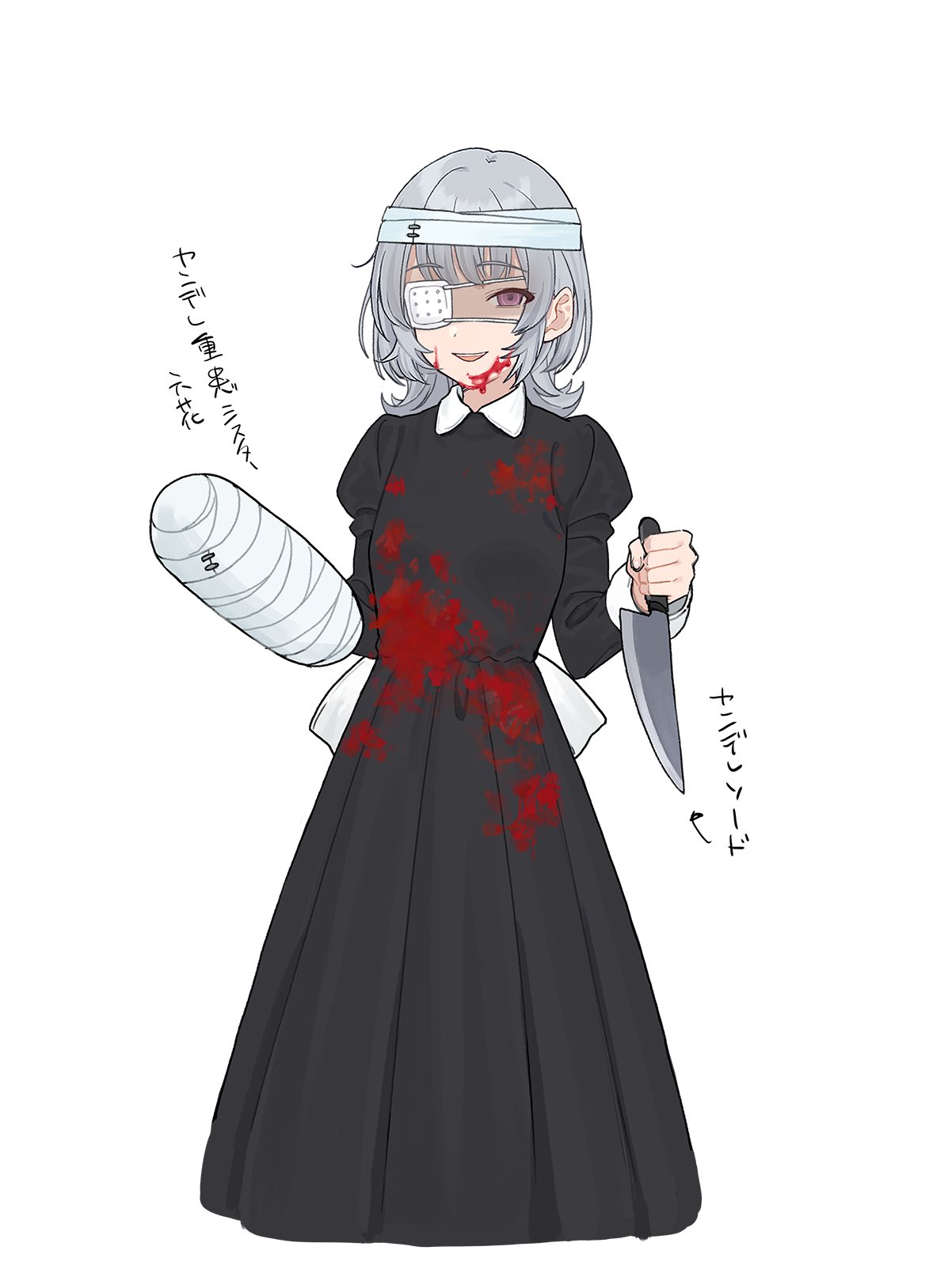 1girl bandaged_head bandages black_dress blood blood_on_face blood_stain bow_(weapon) breasts cast collared_dress dress eyepatch grey_hair highres holding holding_knife juliet_sleeves knife long_hair long_sleeves open_mouth original puffy_sleeves purple_eyes shaded_face sidelocks simple_background small_breasts smile solo teshima_nari translation_request weapon white_background