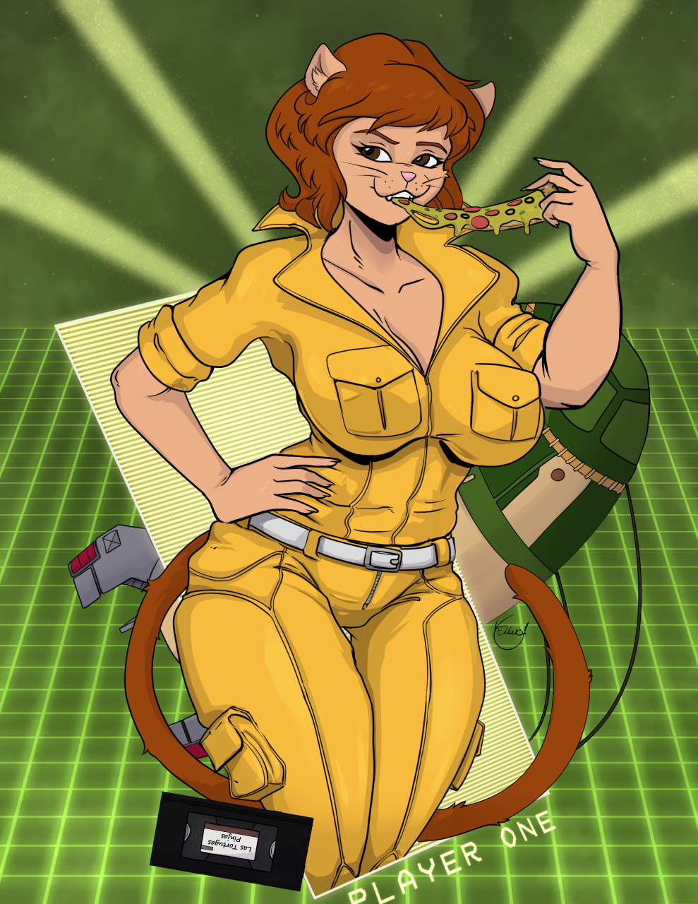 2023 5_fingers alternate_species anthro april_o'neil big_breasts bodysuit breasts brown_eyes brown_hair cleavage clothed clothing domestic_cat eating eating_food felid feline felis female fingers fur hair hand_on_hip hi_res jumpsuit mammal pizza_slice skinsuit solo standing tan_body tan_fur teenage_mutant_ninja_turtles thigh_gap tight_clothing vhs_tape whiskers white_belt yawg yellow_bodysuit