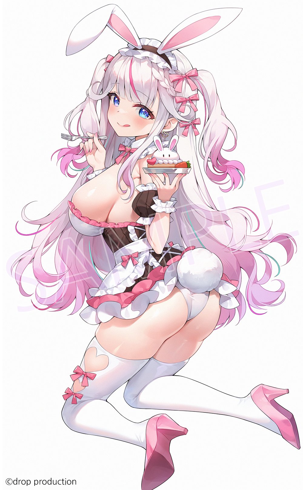 1girl animal_ears armpit_crease ayamy blue_eyes breasts cake carrot carrot_cake cleavage closed_mouth dress fake_animal_ears fake_tail food fork high_heels highres holding holding_fork holding_plate indie_virtual_youtuber kneeling large_breasts light_blush looking_at_viewer multicolored_hair panties pink_hair plate rabbit_ears rabbit_tail sideboob simple_background smile solo tail thighhighs twintails underwear virtual_youtuber white_background white_hair white_panties white_thighhighs yasou_toiki