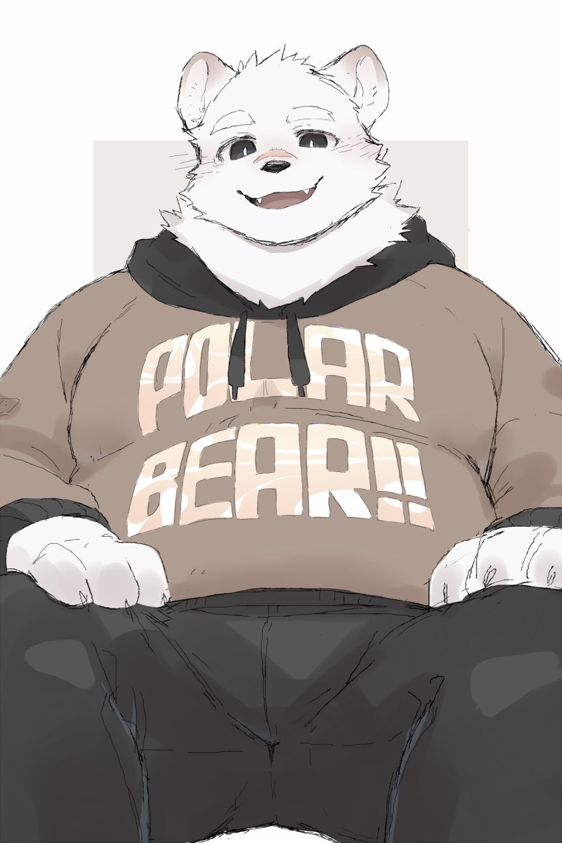 1boy bara bear bear_boy black_pants blush brown_hoodie commentary_request fangs furry furry_male highres hood hoodie indie_virtual_youtuber jugo_kumagai looking_at_viewer male_focus pants polar_bear scar scar_on_face scar_on_nose simple_background smile solo thick_eyebrows totent_kuma white_background