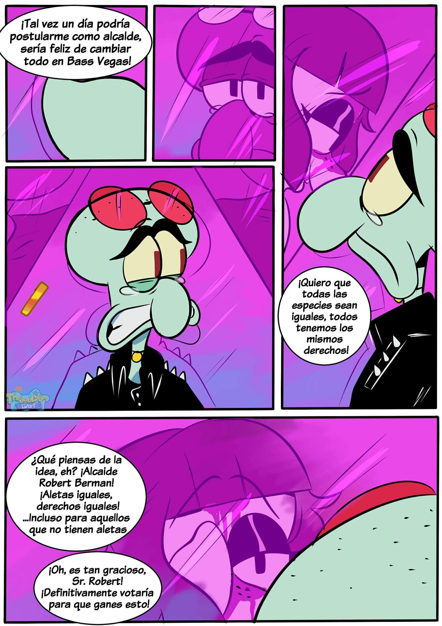 anthro blood bodily_fluids cephalopod clothed clothing coleoid comic duo fan_character hair hi_res male marine mollusk nickelodeon octopodiform octopus on_model pancaketiffy spanish_text speech_bubble spongebob_squarepants squilliam_fancyson squinson_(pancaketiffy) tears text toony translation_check translation_request