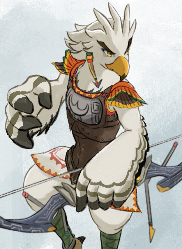 anthro armor avian beak bird bow_(weapon) braided_pseudo_hair feathers great_eagle_bow male nintendo ranged_weapon rito sheep_riritoto tears_of_the_kingdom teba_(tloz) the_legend_of_zelda weapon white_body white_feathers