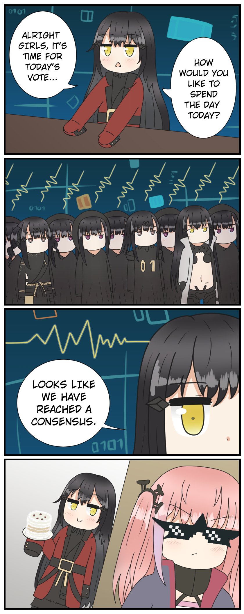6+girls around_corner behind_another black_hair black_hood blue_coat brown_eyes c: cake clone closed_mouth coat commentary cyberspace dandelion_(girls'_frontline) deal_with_it_(meme) english_commentary english_text food girls'_frontline griffin_&amp;_kryuger_military_uniform hair_ornament highres holding holding_cake holding_food holding_plate isomer_(girls'_frontline) isomer_hivemind_(girls'_frontline) jb9_(johnbravado9) jitome light_blush long_hair meeting meme midriff mod3_(girls'_frontline) multiple_girls navel nimogen_(girls'_frontline) no_mouth nyto_(girls'_frontline) nyto_larvae_(girls'_frontline) one_side_up paradeus pink_hair plate prank purple_eyes red_coat scapular sleeves_past_wrists smile st_ar-15_(girls'_frontline) sunglasses telepathy triangle_mouth very_long_hair white_coat yellow_eyes
