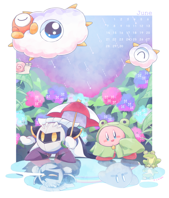 :d ^_^ animal_hood armor armored_boots blue_cape blue_eyes blue_flower blush blush_stickers boots border calendar_(medium) cape closed_eyes closed_mouth cloud commentary_request dark_meta_knight different_reflection flower frog frog_hood gloves holding holding_umbrella hood hood_up hydrangea june kirby kirby_(series) kracko leaf li'l_kracko mask meta_knight midooka_(o_k_k) no_humans one-eyed open_mouth outside_border pauldrons pink_flower plant poncho puddle purple_flower purple_footwear rain reflection reflective_water shadow_kirby shoulder_armor sleeping smile snail spikes star_(symbol) umbrella waddle_doo water white_border white_gloves