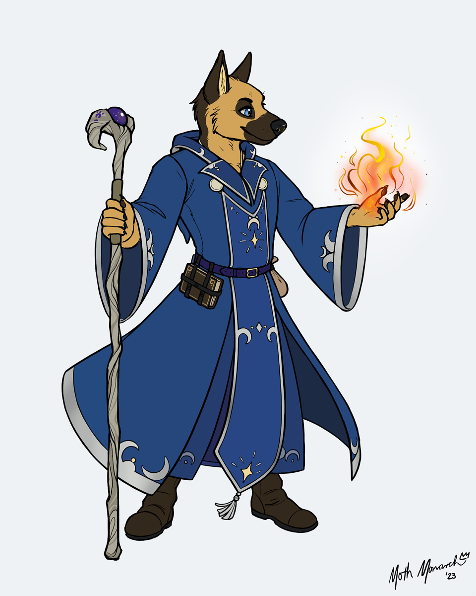 2023 anthro belt belt_pouch blue_clothing blue_coat blue_eyes blue_topwear book boots brown_body brown_fur canid canine canis clothing coat dai_(daicymru) dated digital_media_(artwork) domestic_dog ears_up elemental_manipulation fire fire_manipulation footwear fur german_shepherd herding_dog hi_res holding_object holding_staff looking_forward magic_user male mammal mothmonarch pastoral_dog signature simple_background solo staff standing tan_body tan_fur topwear white_background