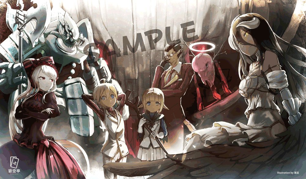 1other 3boys 3girls ahoge albedo_(overlord) arthropod_boy artist_name aura_bella_fiora bare_shoulders black_gloves black_hair black_wings blonde_hair blue_eyes blunt_bangs bow breasts brother_and_sister closed_mouth cocytus_(overlord) commentary_request creature crossdressing crossed_arms dark-skinned_female dark_elf dark_skin demiurge demon_girl demon_horns dress earrings elf feathered_wings frilled_dress frills glasses gloves gothic_lolita green_eyes hair_between_eyes hair_bow halberd halo heterochromia holding holding_staff holding_weapon horns jewelry large_breasts lolita_fashion long_hair looking_at_viewer low_wings mare_bello_fiore multiple_boys multiple_girls namako_(namacotan) necktie otoko_no_ko overlord_(maruyama) pants pointy_ears polearm ponytail red_eyes red_shirt round_eyewear sample_watermark second-party_source shalltear_bloodfallen shirt short_hair siblings sitting skirt smile staff suit thighhighs vampire very_long_hair vest victim_(overlord_(maruyama)) weapon white_dress white_gloves white_hair white_pants white_shirt white_skirt white_vest wings wooden_staff yellow_eyes
