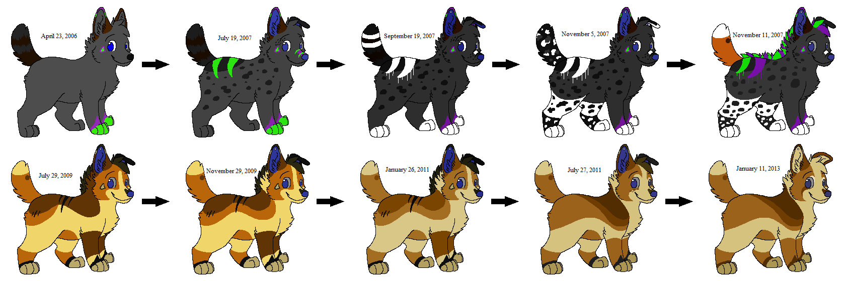 2013 aliasing ambiguous_gender black_body black_fur black_nose black_text blue_(bluekyokitty) blue_eyes blue_inner_ear blue_nose bluekyokitty brown_body brown_fur canid canine canis digital_drawing_(artwork) digital_media_(artwork) digitigrade domestic_dog english_text eyebrows feral fur green_body green_fur grey_body grey_fur grey_inner_ear grey_sclera head_tuft herding_dog hi_res mammal one_ear_up past_meets_present pastoral_dog paws purple_body purple_fur sebdoggo smile solo square_crossover standing tail tan_body tan_fur tan_inner_ear text timeline tuft welsh_corgi white_body white_fur yellow_body yellow_fur