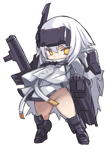 1girl armor armored_boots assault_rifle boots chibi cloak convenient_censoring dog_tags full_body goddess_of_victory:_nikke gun karukan_(monjya) long_hair looking_at_viewer lowres mechanical_arms no_panties rifle shoulder_armor simple_background single_mechanical_arm snow_white_(nikke) solo standing visor_(armor) weapon white_background white_cloak white_hair yellow_eyes