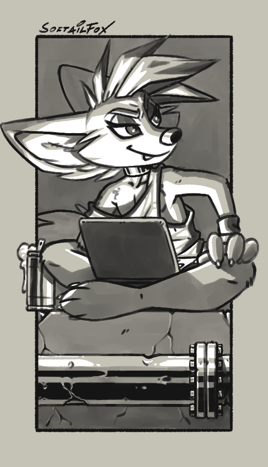 animal_humanoid beverage beverage_can big_ears big_eyes canid canid_humanoid canine canine_humanoid choker clothing comic_panel computer cracked_ground cracked_wall cracking cracks crossed_legs enby fennec fennec_humanoid fox fox_humanoid glowing humanoid jewelry laptop laptop_on_lap looking_back looking_offscreen looking_over_shoulders loose_shirt mammal mammal_humanoid monochrome necklace nonbinary_(lore) pipe shirt sitting sitting_on_ground sketch softailfox tank_top topwear