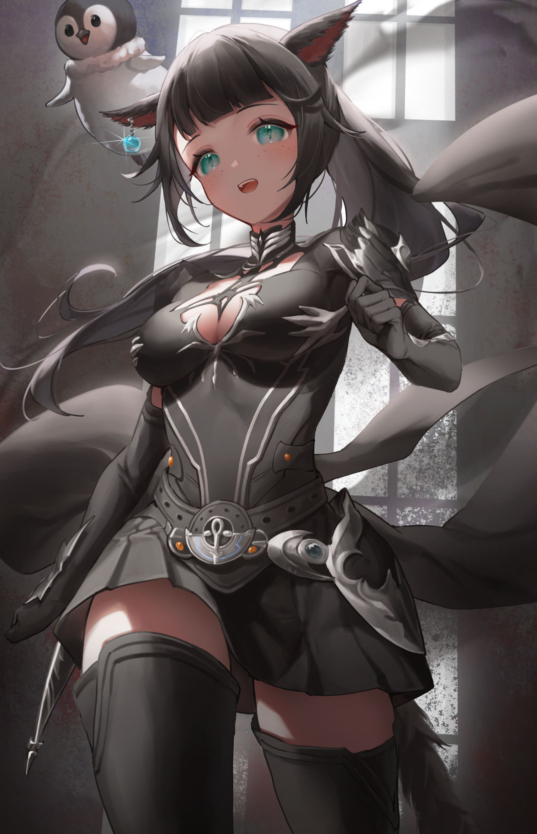 1girl :d animal_ears armor belt bird black_belt black_cape black_gloves black_hair black_skirt blue_eyes blunt_bangs boots breasts cape cleavage cleavage_cutout clothing_cutout commentary commission elbow_gloves freckles gloves highres long_hair metatarou original penguin pleated_skirt ponytail shoulder_armor skeb_commission skirt smile solo tail thigh_boots zettai_ryouiki