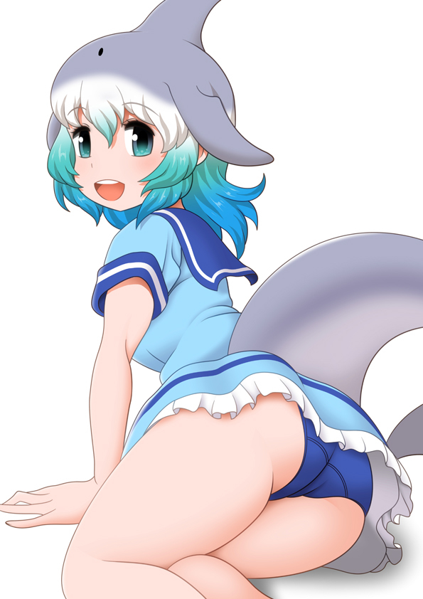 1girl ass bagua_zhang blowhole blue_eyes blue_hair blush cetacean_tail common_bottlenose_dolphin_(kemono_friends) crotch_seam dolphin_girl dorsal_fin dress fins fish_tail frills grey_hair head_fins kemono_friends looking_at_viewer miniskirt multicolored_hair open_mouth panties pantyshot sailor_collar sailor_dress short_dress short_hair short_sleeves skirt smile solo tail underwear upskirt white_hair