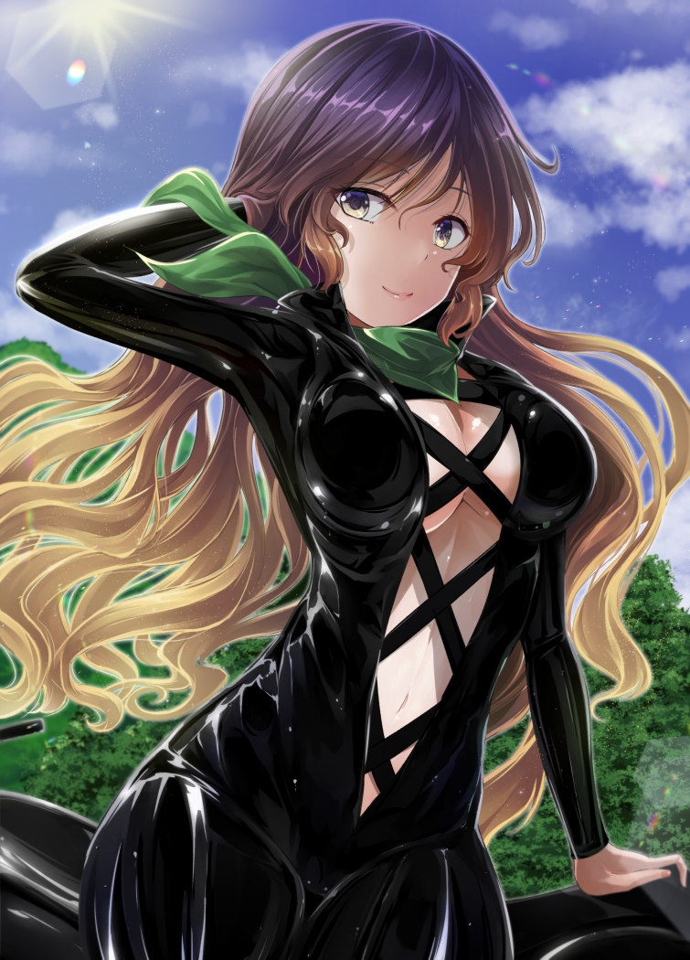 1girl biker_clothes bikesuit black_bodysuit blue_sky bodysuit brown_eyes brown_hair closed_mouth cloud commentary_request cross-laced_clothes gradient_hair green_scarf hand_in_own_hair hijiri_byakuren long_hair looking_at_viewer motor_vehicle motorcycle multicolored_hair navel official_alternate_costume outdoors purple_hair scarf sky smile solo touhou turbo_byakuren y2