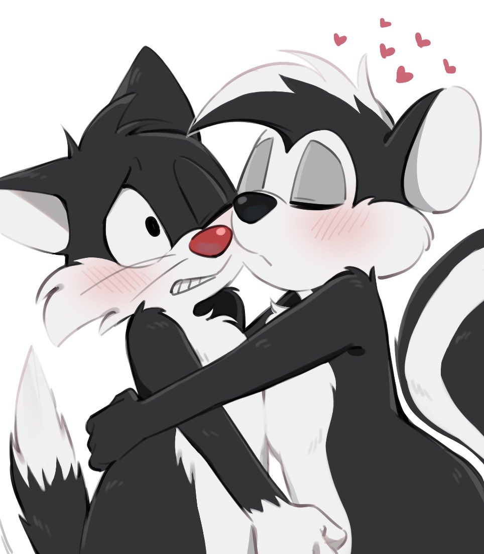 &lt;3 2023 anthro black_body black_fur blush duo embrace felid feline fur gz8ty hug looney_tunes male male/male mammal mephitid one_eye_closed pepe_le_pew simple_background skunk sylvester warner_brothers white_background white_body white_fur