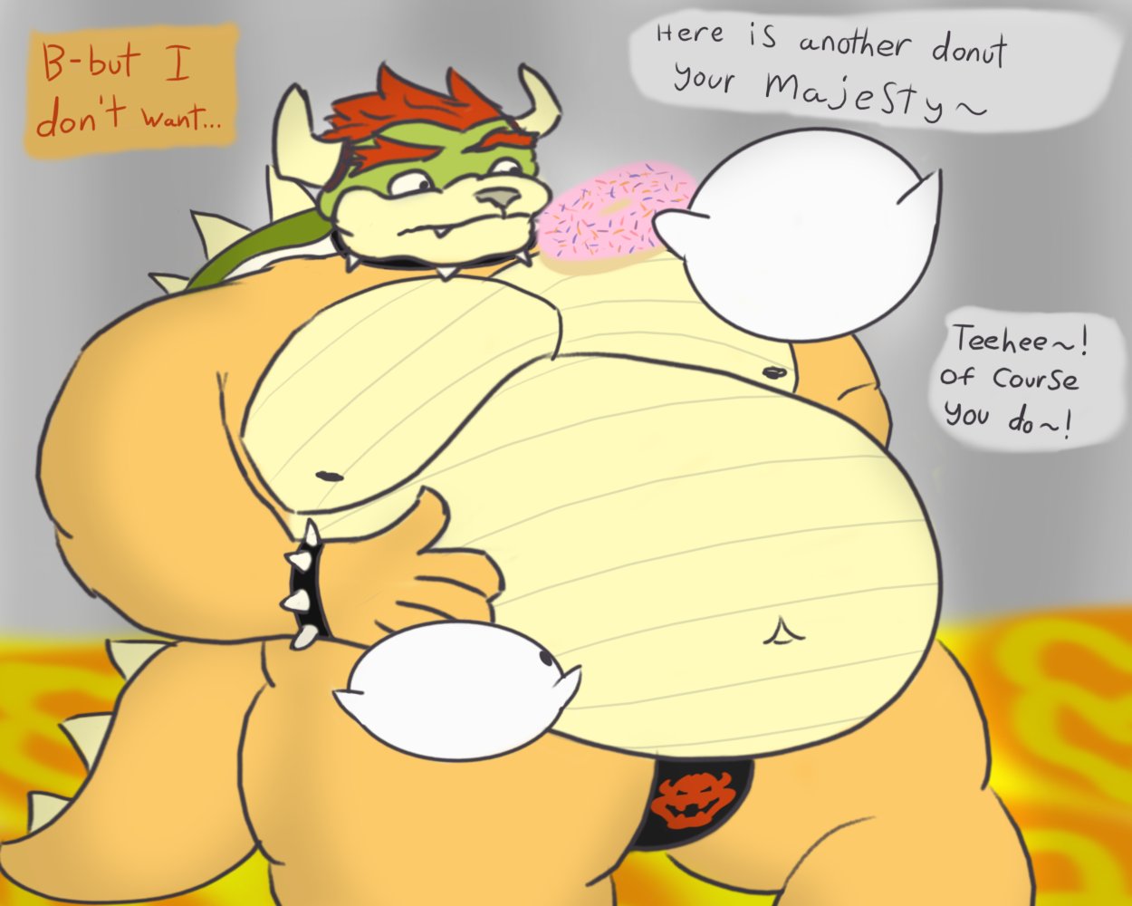 anthro belly big_belly bigboywuff boo_(mario) bowser bowser_day bracelet bulge clothing collar eyebrows feeding force_feeding forced growth hand_on_stomach horn jewelry male mario_bros musclegut muscular nintendo overweight pecs shell solo spiked_bracelet spiked_collar spiked_shell spiked_tail spikes spikes_(anatomy) tail thick_eyebrows thick_thighs touching_belly underwear