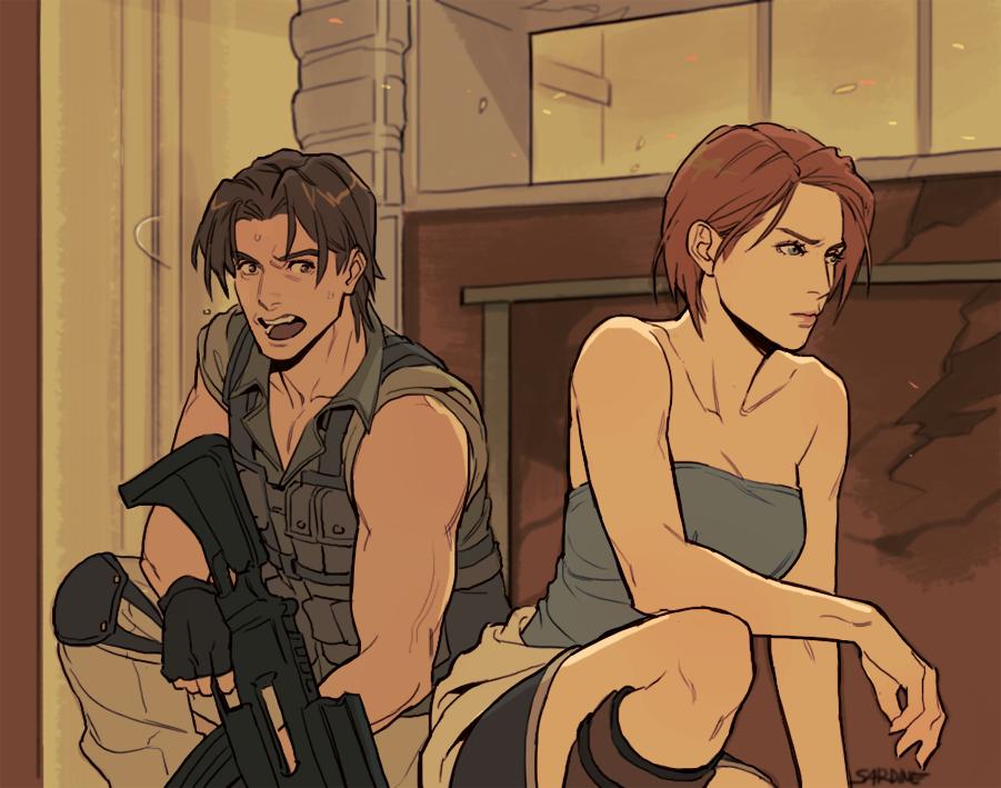 1boy 1girl blue_eyes bob_cut brown_hair carlos_oliveira commentary_request dark_skin jill_valentine miniskirt resident_evil resident_evil_3:_nemesis sardine_(kjr0313) short_hair skirt strapless tube_top