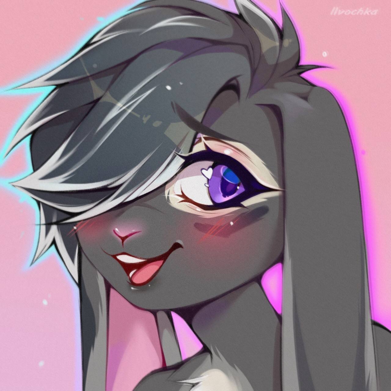 1:1 2022 anthro artist_name blush digital_media_(artwork) eyebrows eyelashes facial_blush female floppy_ears fur grey_body grey_fur grey_hair hair hair_over_eye headshot_portrait hi_res icon iivochka lagomorph leporid lop_ears mammal one_eye_obstructed open_mouth pink_inner_ear pink_nose pink_tongue portrait purple_eyes rabbit shaded solo tongue