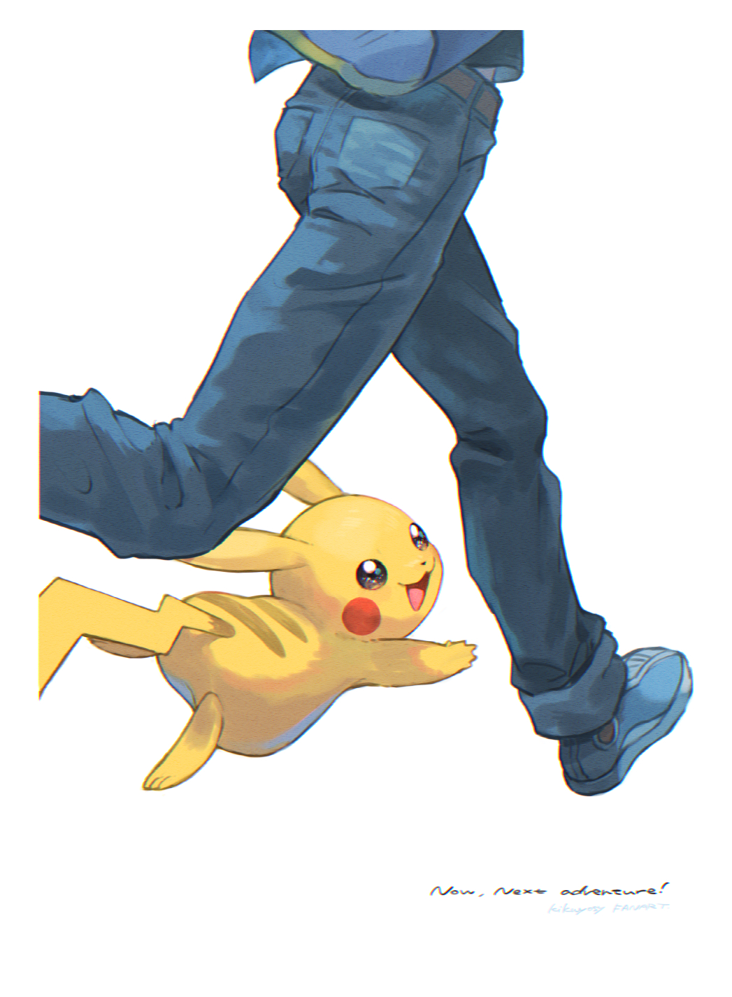 1boy :d ash_ketchum belt blue_jacket brown_belt brown_eyes commentary_request english_text highres jacket kikuyoshi_(tracco) male_focus open_mouth pants pikachu pokemon pokemon_(anime) pokemon_(classic_anime) running shoes signature simple_background smile sneakers tongue white_background