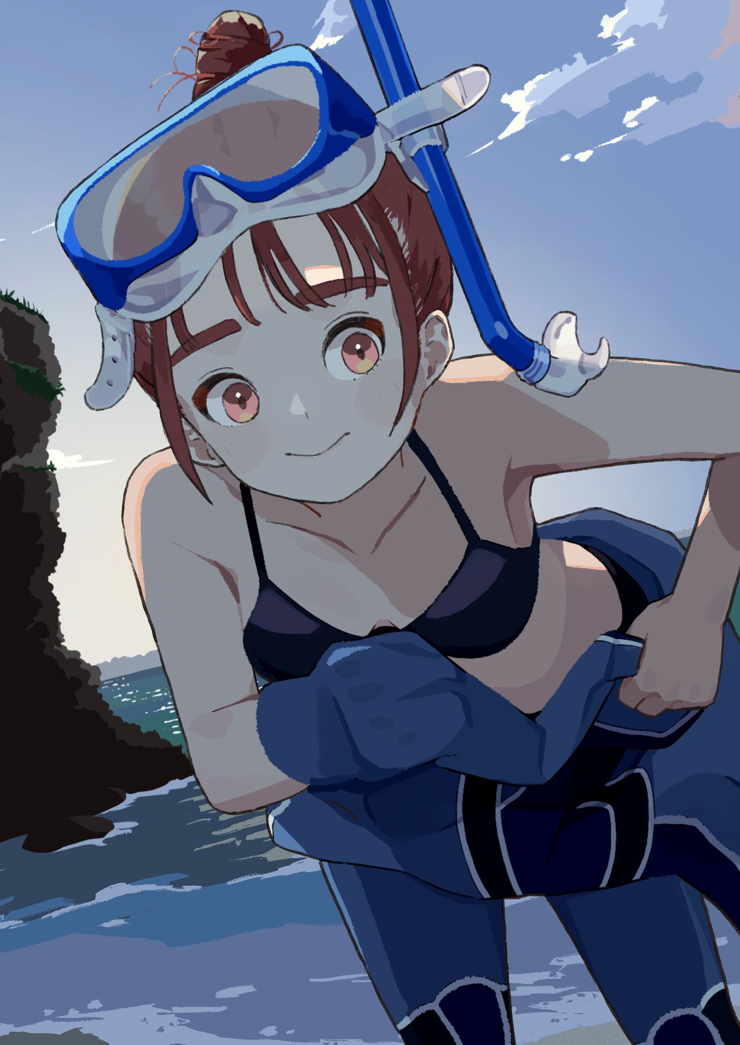 1girl beach bikini bikini_top_only black_bikini blue_wetsuit blush_stickers bodysuit canty! cloud cloudy_sky collarbone diving_suit hair_bun highres leaning_forward looking_afar mask mask_on_head original outdoors partially_undressed red_eyes red_hair rock sidelocks sky snorkel snorkel_mask solo swimsuit water wetsuit
