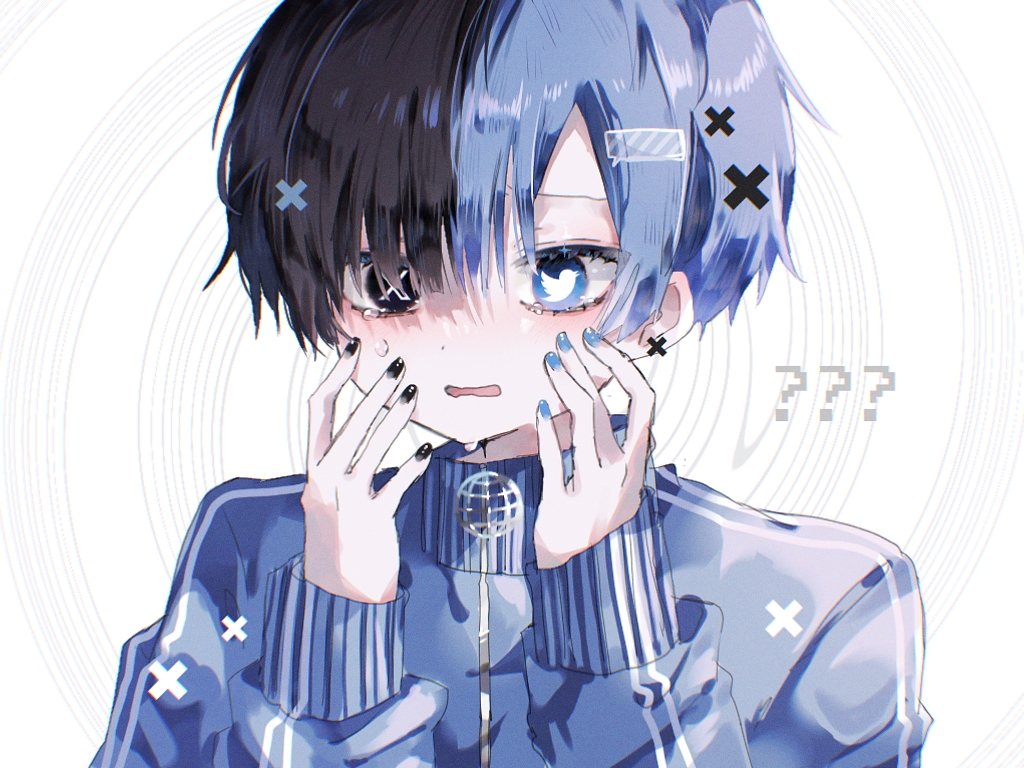 1boy ? ?? animal-shaped_pupils black_eyes black_hair black_nails blue_eyes blue_hair blue_jacket blue_nails blush bright_pupils collared_jacket commentary_request crying crying_with_eyes_open eyelashes globe hair_between_eyes heterochromia hiro_0607 jacket limited_palette long_sleeves looking_ahead male_focus mismatched_pupils multicolored_hair open_mouth personification pixel_text short_hair simple_background sleeve_cuffs solo speech_bubble split-color_hair striped striped_jacket symbol-shaped_pupils tears track_jacket twitter twitter_logo twitter_x_logo two-tone_hair upper_body vertical-striped_jacket vertical_stripes wavy_mouth white_background white_pupils white_stripes x x-shaped_pupils