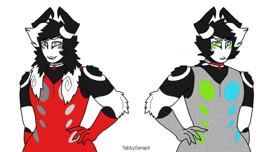 2019 2_horns 5_fingers accessory arm_tuft armwear artist_name biped black_body black_fur black_hair black_horn blue_eyes blue_markings blue_pupils choker claws clothed clothing crossdressing cute_fangs demon digital_drawing_(artwork) digital_media_(artwork) dress elbow_gloves elbow_tuft eyebrow_through_hair eyebrows fan_character finger_claws fingers flat_colors fully_clothed fur gloves green_eyes green_markings green_pupils grey_armwear grey_choker grey_clothing grey_dress grey_elbow_gloves grey_eyes grey_gloves grey_hair_tie grey_handwear grey_jewelry grey_necklace grey_pupils hair hair_accessory hair_tie half-length_portrait hand_on_hip handwear head_horn heterochromia horn humanoid jewelry long_hair looking_aside looking_forward male male_(lore) markings monotone_armwear monotone_choker monotone_clothing monotone_elbow_gloves monotone_gloves monotone_handwear multicolored_clothing multicolored_dress multicolored_hair multiple_images multiple_outfits necklace noseless not_furry open_mouth open_smile pendant ponytail portrait pupils red_armwear red_choker red_clothing red_dress red_elbow_gloves red_gloves red_handwear red_jewelry red_necklace red_pendant simple_background slit_pupils smile solo sparkly_dress standing tabbyseraph three-quarter_view translucent translucent_hair tuft two_tone_hair white_background white_body white_eyebrows white_fur white_hair white_horn white_markings