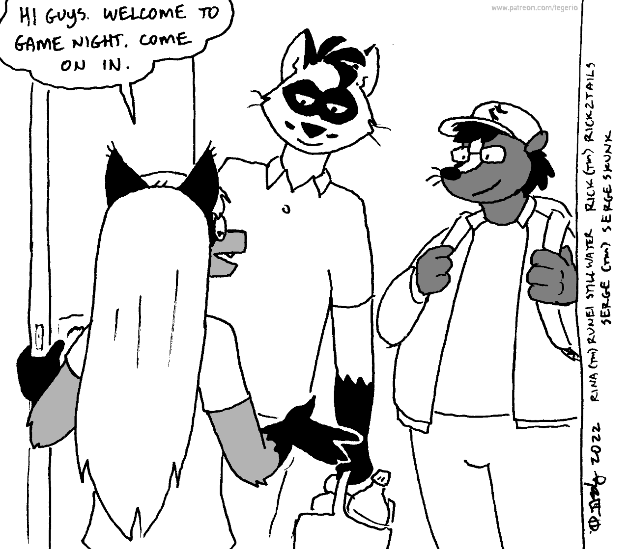 2022 anthro baseball_cap canid canine clothed clothing female fox fur group hair hat headgear headwear male mammal mephitid procyonid raccoon rick2tails rina_(runei) serge_wolf skunk tegerio trio whiskers