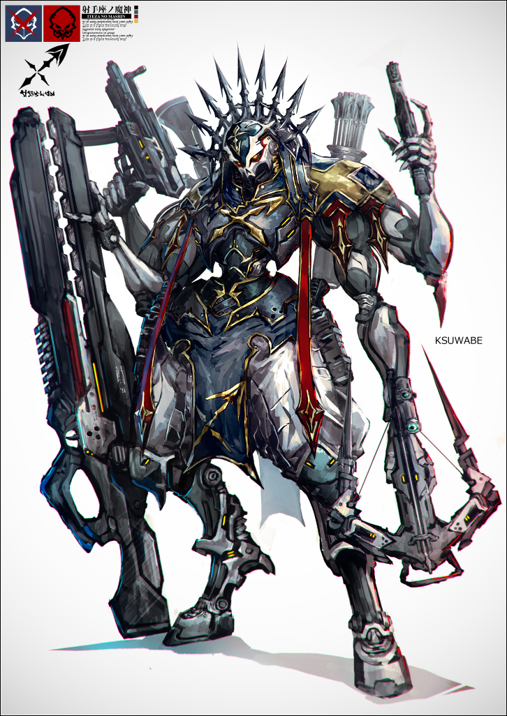 1other ambiguous_gender armor arrow_(projectile) artist_name check_copyright commentary_request copyright_request crossbow extra_arms full_armor full_body greaves gun gun_on_back holding holding_gun holding_weapon k-suwabe original quiver red_eyes simple_background solo spiked_helmet spikes standing submachine_gun weapon weapon_on_back white_background