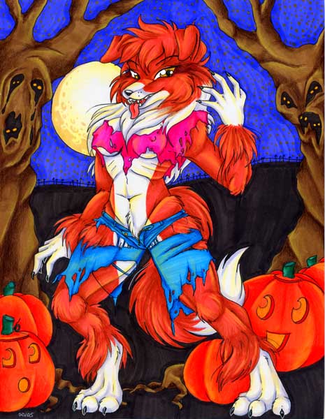 2006 anthro biped breasts canid canine clothing female food fruit full_moon jack-o'-lantern jhovall-ecco mammal moon night outside plant pumpkin solo standing tongue tongue_out torn_clothing tree were werecanid werecanine werewolf