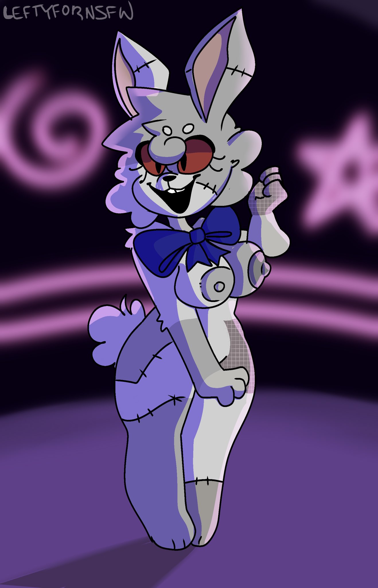 2023 4_fingers accessory anthro areola artist_name black_outline blurred_background bow_accessory bow_ribbon breasts buckteeth cheek_tuft digital_media_(artwork) exposed_breasts eyebrows eyelashes facial_tuft female fingers five_nights_at_freddy's five_nights_at_freddy's:_security_breach fur grey_body grey_fur head_tuft hi_res lagomorph leftyfornsfw leporid long_ears mammal multicolored_body multicolored_fur nipples nude open_mouth outline rabbit red_eyes scottgames shaded signature simple_background smile solo standing steel_wool_studios tail teeth tuft vanny_(fnaf)