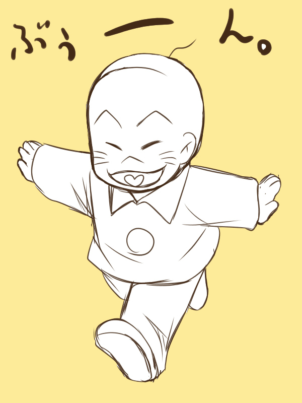 1boy ahoge airplane_arms bald buttons chibita closed_eyes collared_shirt facial_mark from_above male_child male_focus osomatsu-kun outstretched_arms running shirt smile sorata_(sorairo_honpo) spread_arms whisker_markings yellow_background