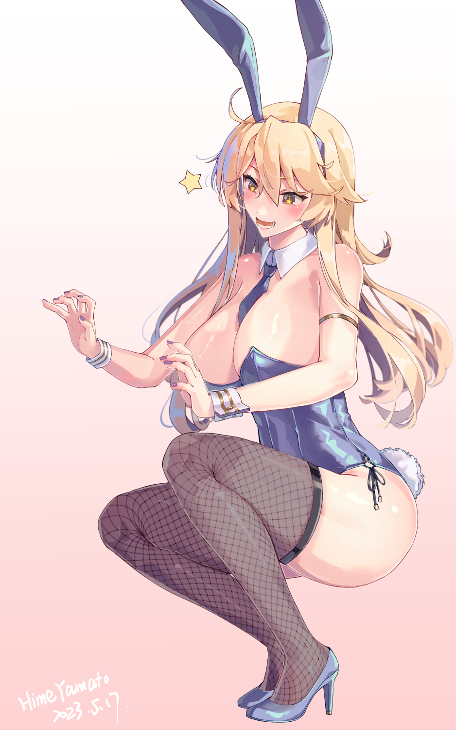 1girl animal_ears artist_name ass black_thighhighs blonde_hair blue_footwear blue_leotard blue_nails blue_necktie blush breasts dated detached_collar fake_animal_ears fake_tail fingernails fishnet_thighhighs fishnets gradient_background grey_eyes hair_between_eyes high_heels highres himeyamato iowa_(kancolle) kantai_collection large_breasts leotard long_hair nail_polish necktie open_mouth rabbit_ears rabbit_tail side-tie_leotard signature smile solo star-shaped_pupils star_(symbol) strapless strapless_leotard symbol-shaped_pupils tail thighhighs wrist_cuffs