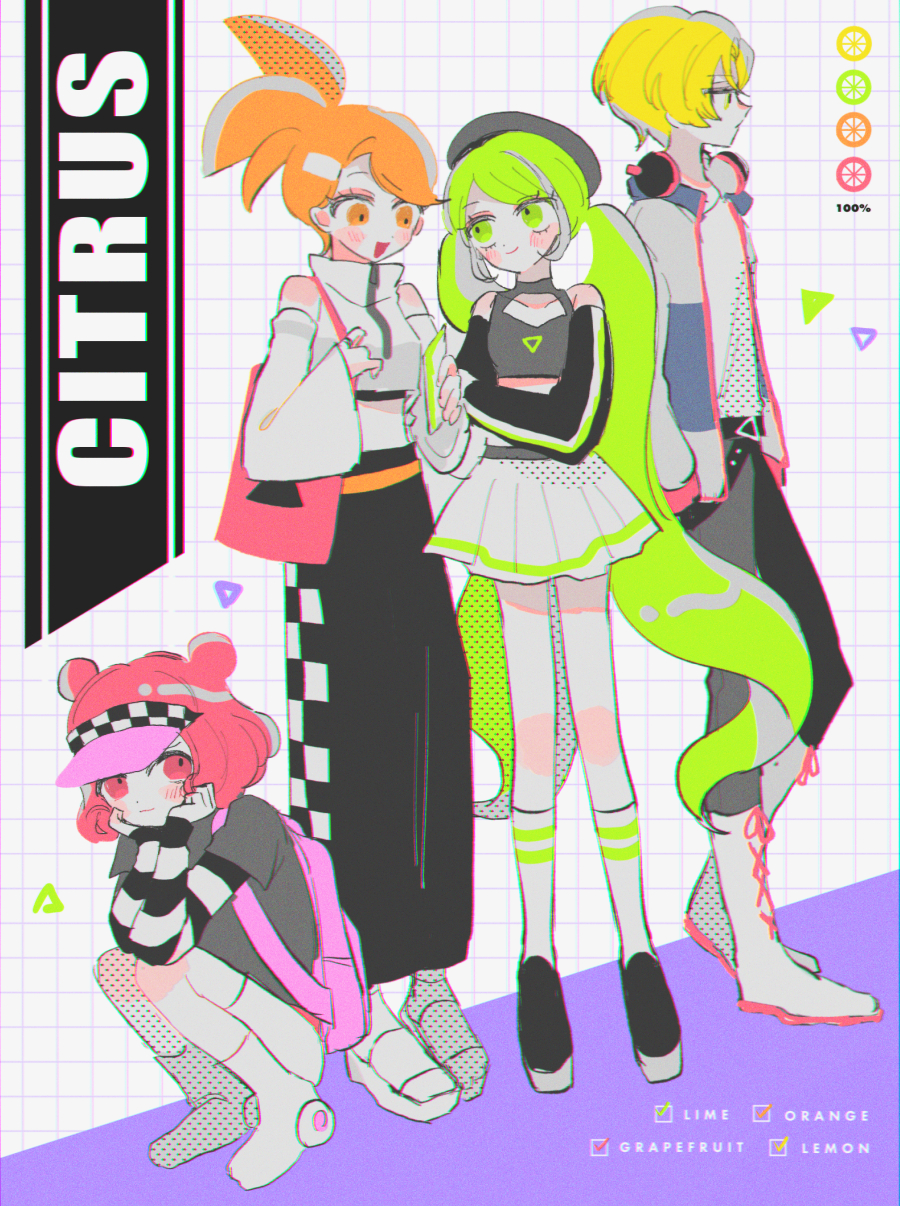 1boy 3girls black_pants blonde_hair blush cookie_run english_text full_body grapefruit_cookie green_eyes green_hair highres humanization lemon_cookie lime_cookie long_hair long_sleeves mamimumemo multiple_girls orange_cookie orange_eyes orange_hair pants personification pink_eyes pink_headwear ponytail shirt short_hair skirt smile twintails