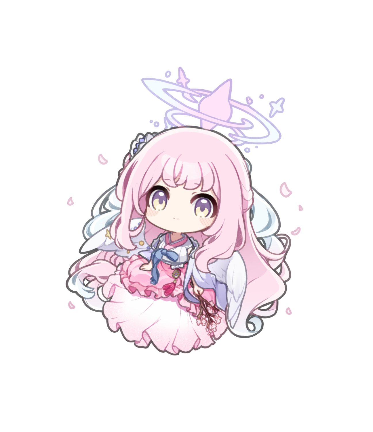 1girl angel_wings blue_archive blush chibi closed_mouth danble dress frilled_dress frills full_body halo highres long_hair long_sleeves looking_at_viewer low_wings mika_(blue_archive) pink_dress pink_hair simple_background smile solo very_long_hair white_background white_wings wings yellow_eyes