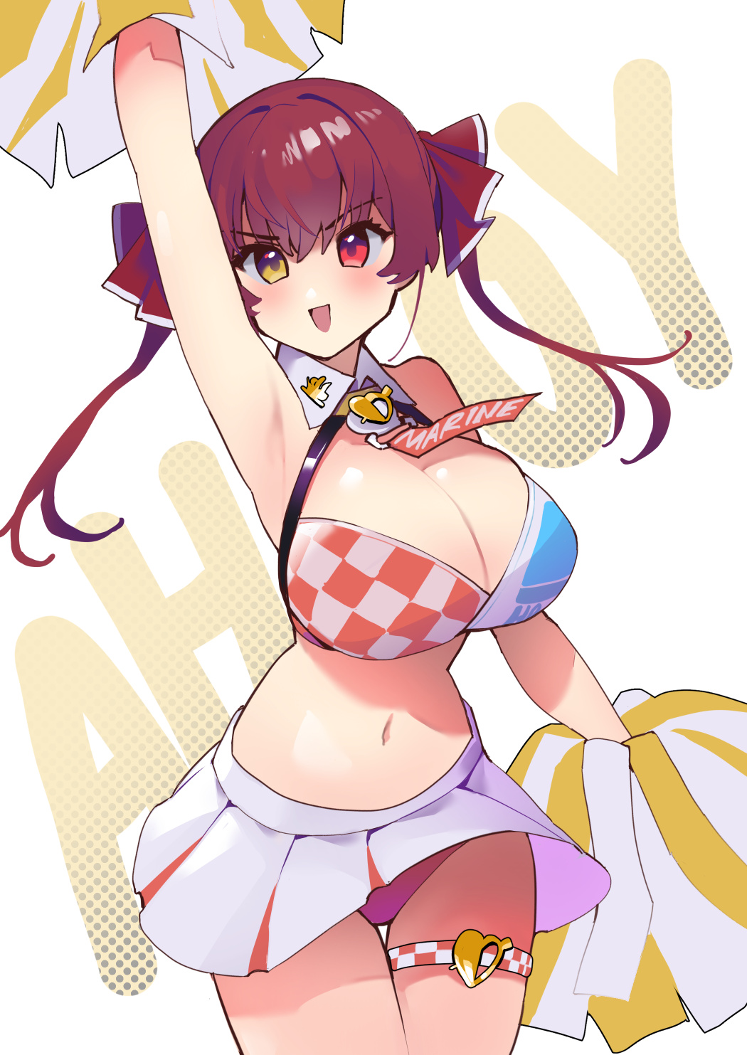 &gt;:) 1girl :d alternate_costume arm_up armpits breasts cheerleader cleavage_cutout clothing_cutout crop_top detached_collar dismassd hair_ribbon heterochromia highres hololive houshou_marine large_breasts midriff miniskirt navel no_nose open_mouth panties pantyshot pom_pom_(cheerleading) red_eyes red_hair ribbon short_hair_with_long_locks skirt smile solo thigh_gap thigh_strap twintails underwear v-shaped_eyebrows virtual_youtuber yellow_eyes