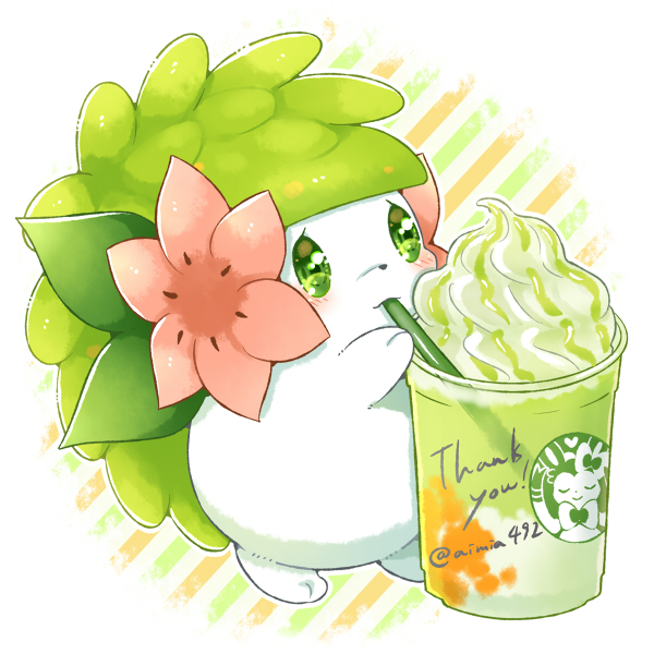 aimi_(aimia492) artist_name blush closed_mouth commentary_request cup disposable_cup drinking drinking_straw drinking_straw_in_mouth flower frappuccino full_body green_eyes heart logo_parody looking_at_viewer matcha_(food) no_humans pink_flower pokemon pokemon_(creature) shaymin shaymin_(land) simple_background smile solo starbucks striped striped_background sylveon twitter_username whipped_cream white_background