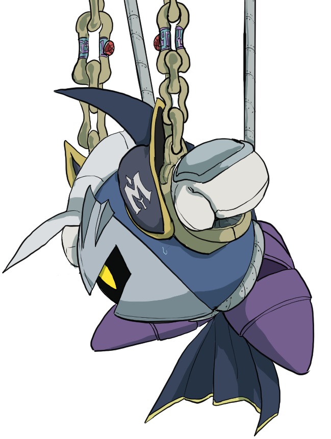 1boy armor cape chain chained gloves isibatamako kirby_(series) male_focus mask meta_knight pauldrons shoulder_armor simple_background solo sweat white_background white_gloves yellow_eyes
