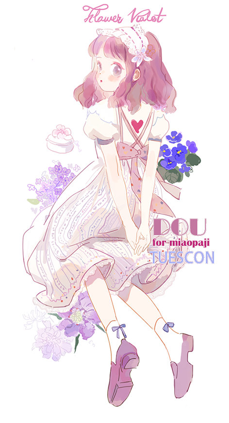 1girl :o ankle_socks apron arms_behind_back back_bow blue_bow blue_flower blush_stickers bow bow_legwear commentary dress english_commentary english_text eyelashes eyeshadow floral_background flower from_behind full_body hairband heart heart_print lace-trimmed_dress lace-trimmed_hairband lace_trim loafers lolita_hairband looking_at_viewer looking_back makeup medium_dress medium_hair open_mouth original own_hands_together pansy pink_bow pink_footwear pink_hair puffy_short_sleeves puffy_sleeves purple_eyes purple_flower putong_xiao_gou red_eyeshadow ribbon-trimmed_hairband shoes short_sleeves socks striped striped_dress vertical-striped_dress vertical_stripes watermark white_apron white_background white_dress white_hairband white_socks wisteria