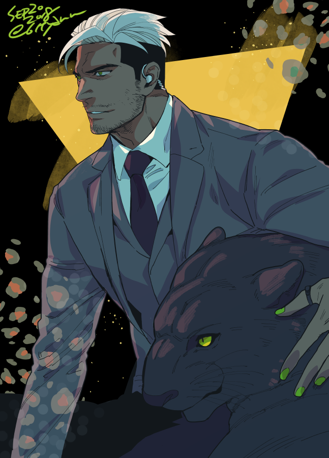 1boy animal bara black_background black_necktie black_panther coat collared_coat earpiece green_eyes green_nails grey_coat light_particles male_focus nail_polish necktie original solo tan twitter_username undercut white_hair yan_(bltyann) yellow_background