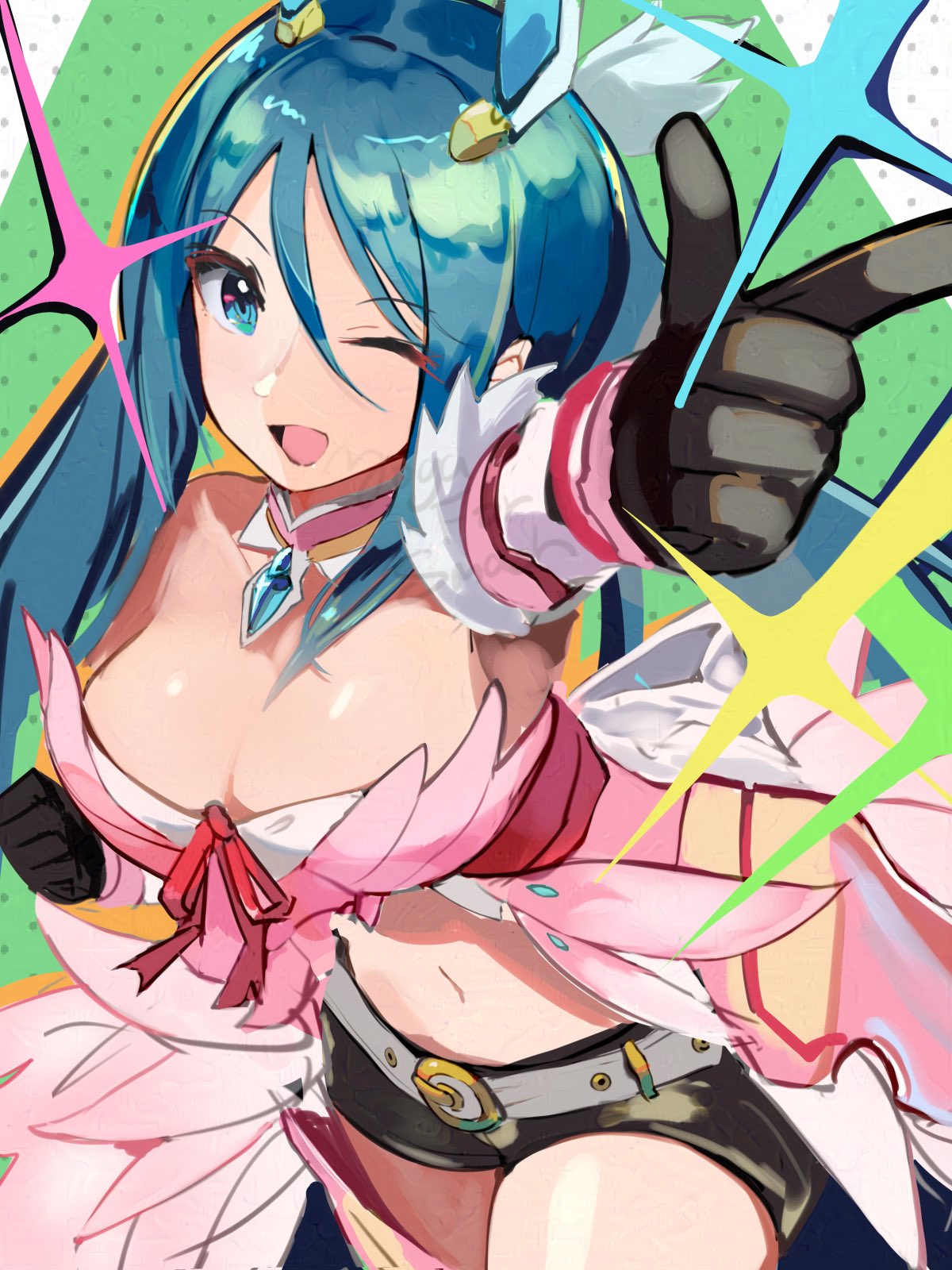 1girl ;d belt black_gloves black_shorts blue_eyes blue_hair breasts cowboy_shot fire_emblem gloves hair_between_eyes highres hirotaka_(hrtk990203) large_breasts long_hair looking_at_viewer midriff navel one_eye_closed open_mouth oribe_tsubasa short_shorts shorts smile solo tokyo_mirage_sessions_fe