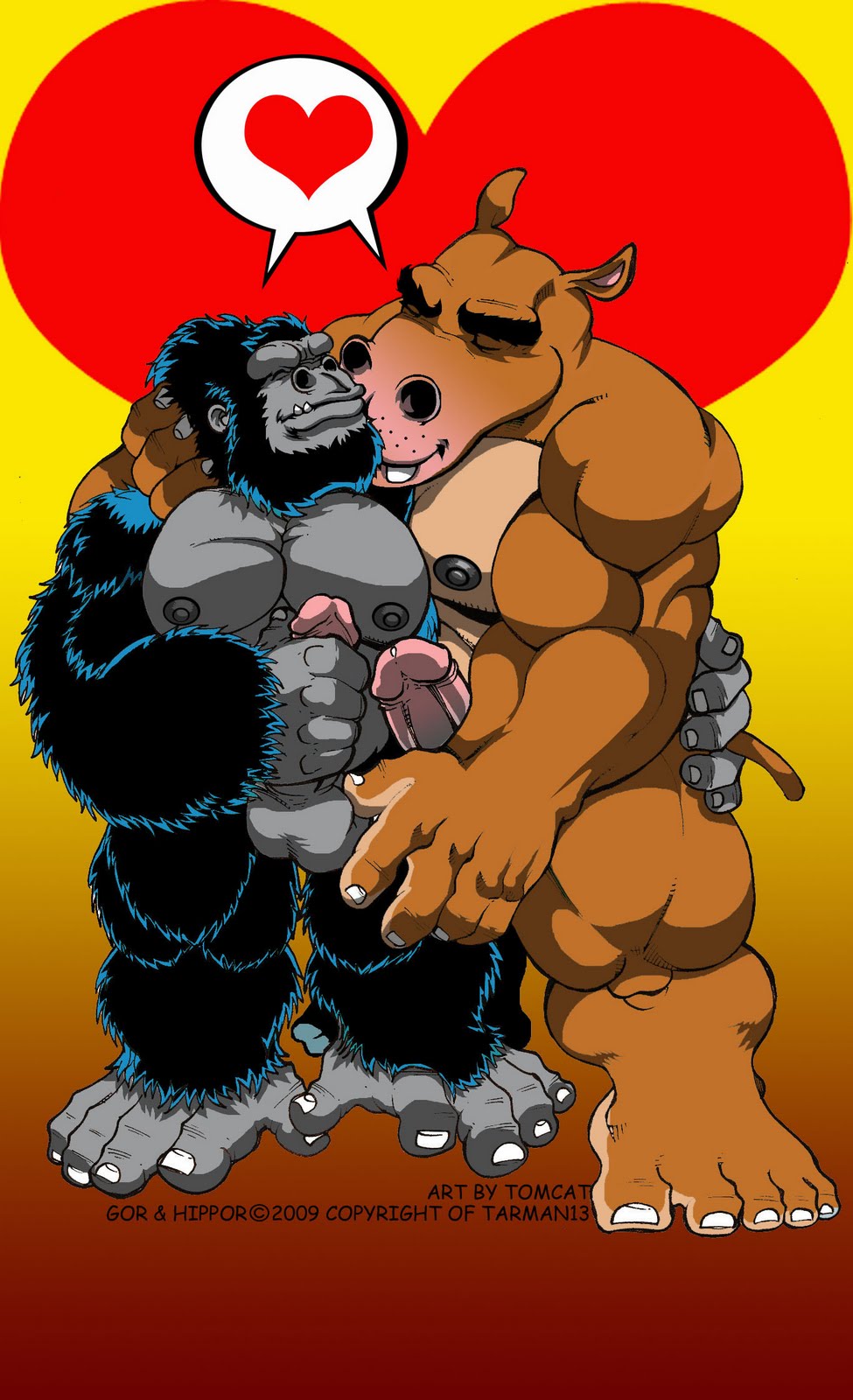 &lt;3 2009 anthro ape balls black_body black_fur brown_body brown_skin common_hippopotamus cuddling duo erection fur genitals glans gor_(tomcat) gorilla grey_balls grey_body grey_nipples grey_skin haplorhine hi_res hippopotamid hippor_(tomcat) humanoid_genitalia humanoid_penis male male/male mammal masturbation muscular muscular_anthro muscular_male nipples nude penile penile_masturbation penis pink_glans primate romantic romantic_couple tomcat_(artist)