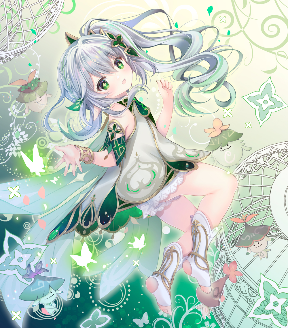 1girl :d bare_shoulders birdcage cage commentary_request dress full_body genshin_impact gradient_hair green_eyes green_hair grey_hair hair_ornament hand_up long_hair looking_at_viewer looking_to_the_side multicolored_hair nahida_(genshin_impact) no_shoes pointy_ears shirogane_hina short_shorts shorts side_ponytail sleeveless sleeveless_dress smile socks soles stirrup_legwear toeless_legwear very_long_hair white_dress white_shorts white_socks