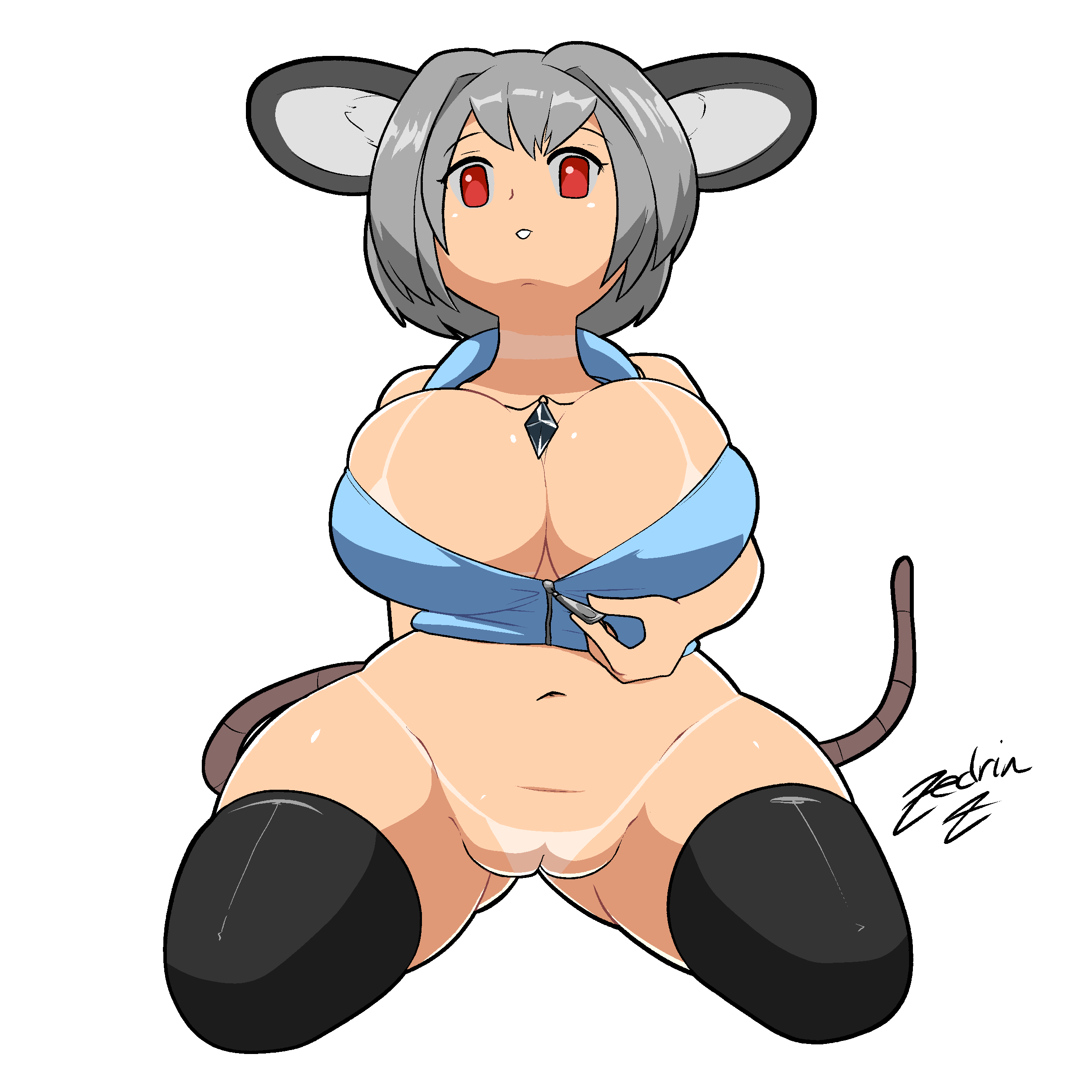 absurd_res animal_humanoid asian_mythology big_breasts breasts buckteeth cleavage clothed clothing east_asian_mythology female genitals grey_hair hair hi_res huge_breasts huge_thighs humanoid japanese_mythology kneeling looking_at_viewer mammal mammal_humanoid murid murid_humanoid murine murine_humanoid mythology navel nazrin pendant pussy rat_humanoid red_eyes rodent rodent_humanoid signature simple_background solo suntan tail tan_line teeth text thick_thighs touhou wide_hips yokai zedrin