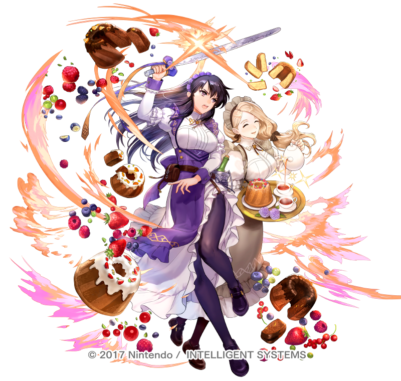 2girls ^_^ apron arm_up asatani_tomoyo ayra_(fire_emblem) black_footwear black_hair blackberry_(fruit) blonde_hair blueberry breasts brown_footwear brown_pantyhose cake cherry closed_eyes commentary_request cup dress fire_emblem fire_emblem:_genealogy_of_the_holy_war fire_emblem:_three_houses fire_emblem_heroes flower food frilled_apron frills fruit full_body grey_apron head_tilt holding holding_sword holding_teapot holding_tray holding_weapon juliet_sleeves loafers long_hair long_sleeves maid maid_headdress medium_breasts mercedes_von_martritz multiple_girls official_alternate_costume official_art open_mouth pantyhose puffy_sleeves purple_apron purple_eyes purple_flower purple_pantyhose purple_rose raspberry rose shoes simple_background smile strawberry sword teacup teapot tray very_long_hair waist_apron weapon white_background white_dress